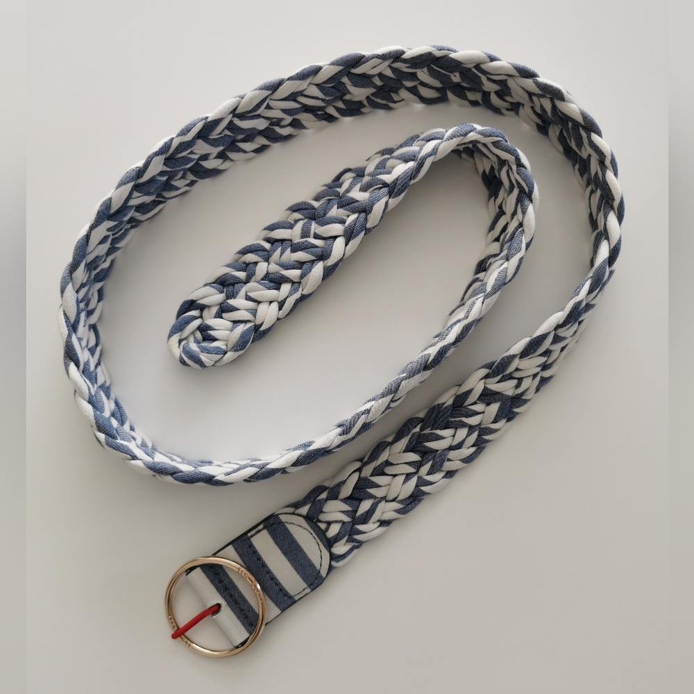 Ted Baker White And Blue Stripe Braided Fabric Woven Belt Gold Circle Buckle